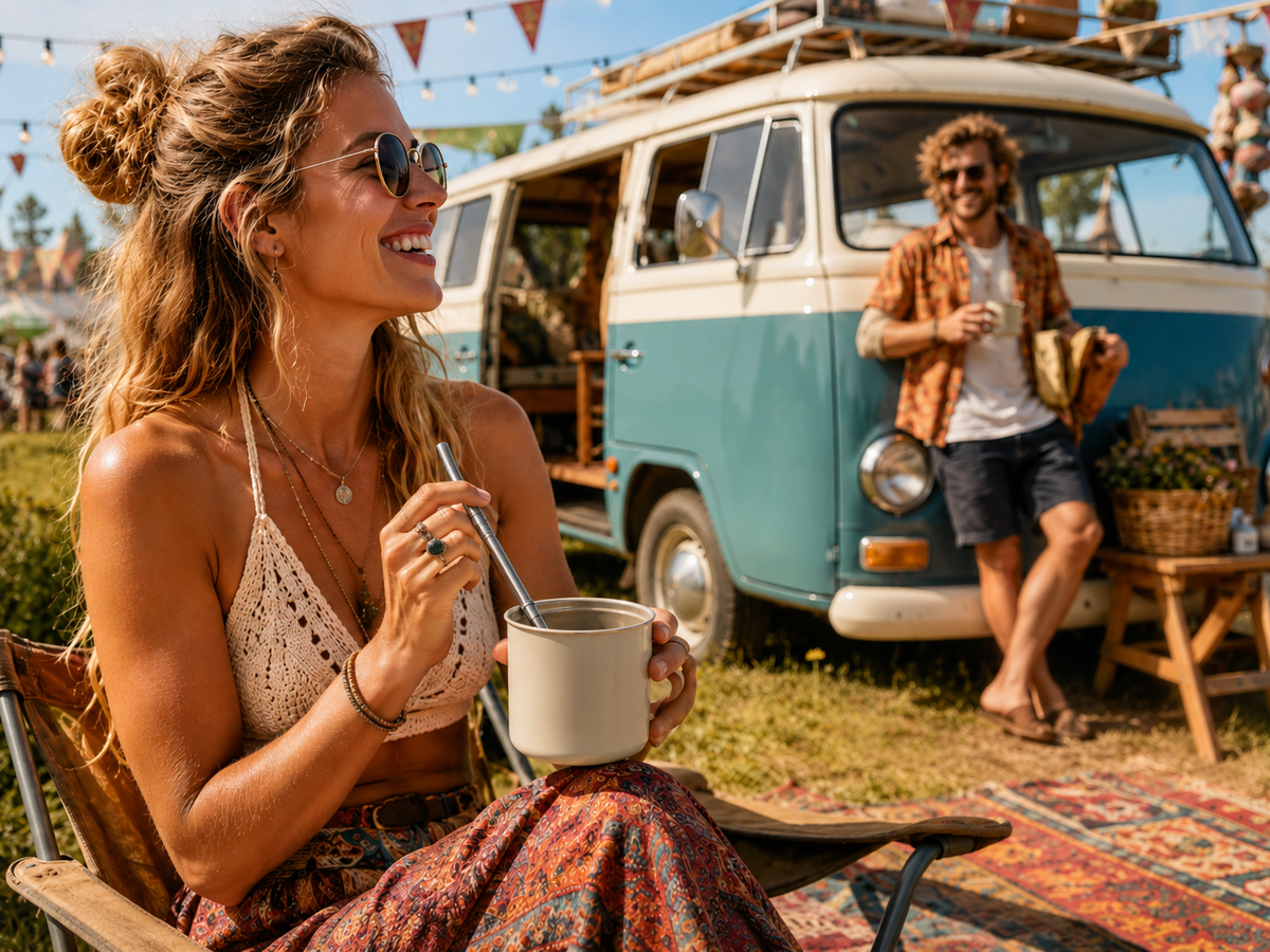 Woman using Brewline coffee straw at an outdoor festival with VW camper van