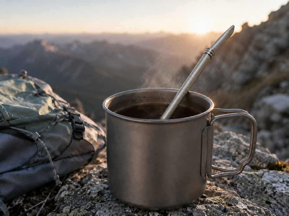 Brewline stainless steel straw in a camp mug on mountain rocks at sunrise, steam rising from fresh coffee
