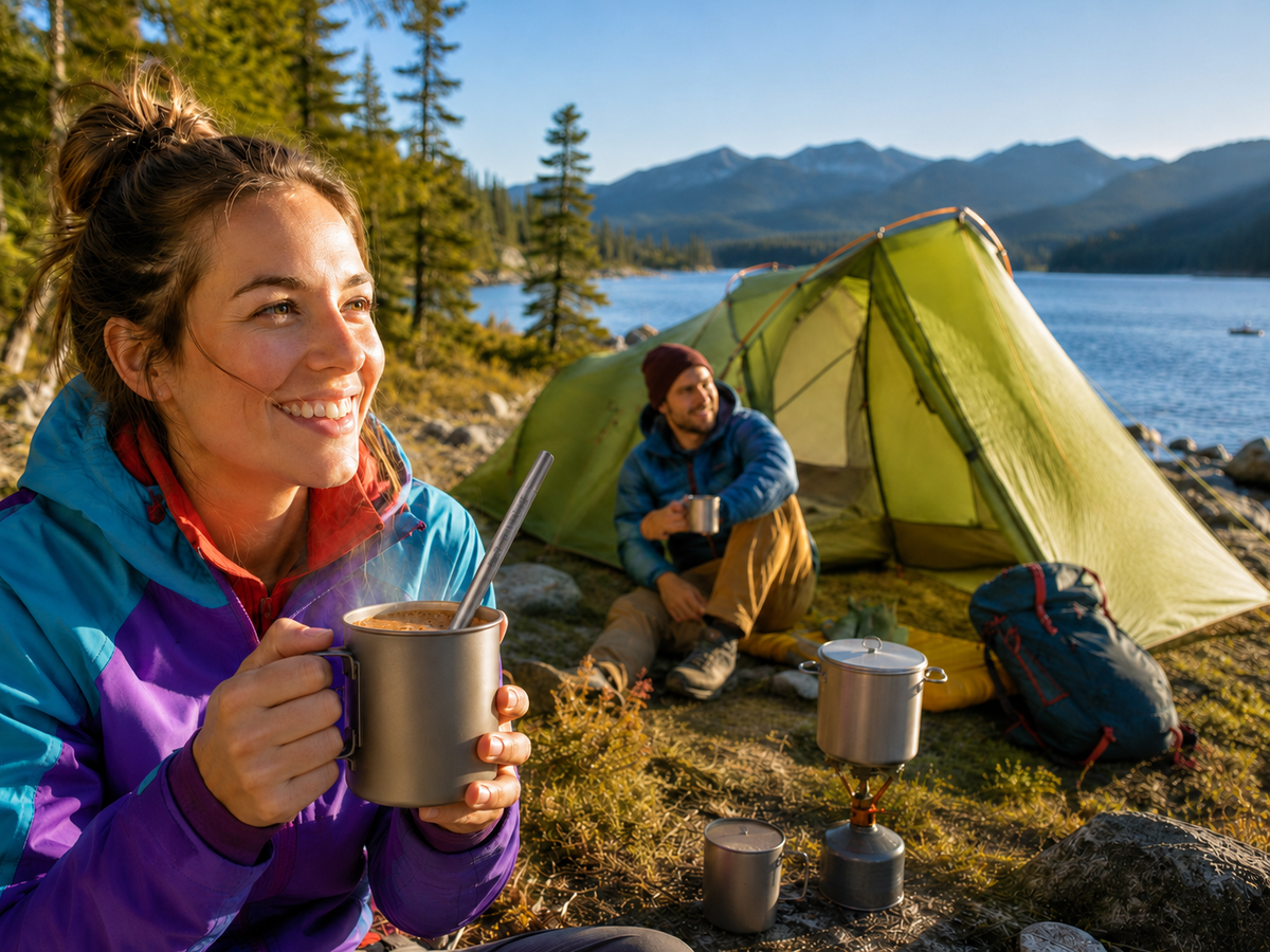 Man enjoying coffee through Brewline at a riverside camp with tent and mountains