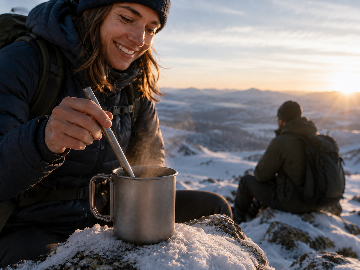 Woman sipping coffee through Brewline at a snowy mountain summit with fjord views